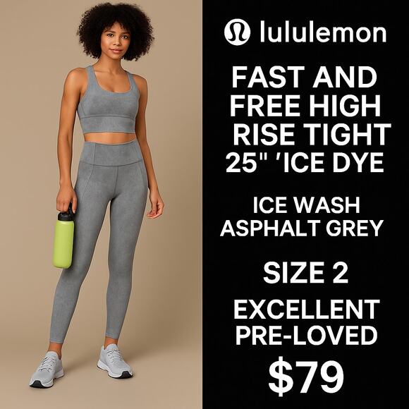 Lululemon Fast and Free High Rise Tight 25" *Ice Dye Ice Wash Asphalt GreySize 2 - Picture 1 of 6